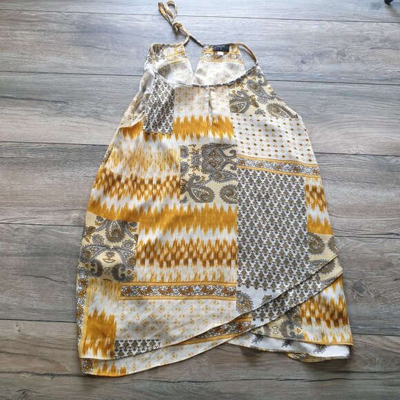 Tahari Women Sleeveless Strap Patchwork Printed Blouse Size L Asymmetrical Gold - Picture 1 of 5